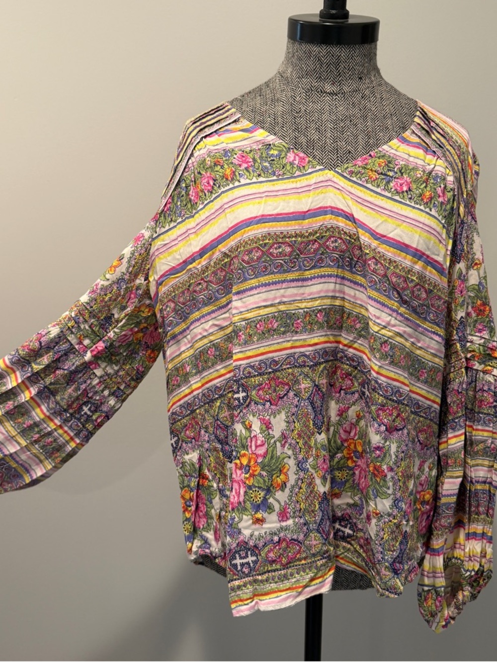 Anthropologie Floral Stripe V-Neck Blouse in Multicolor